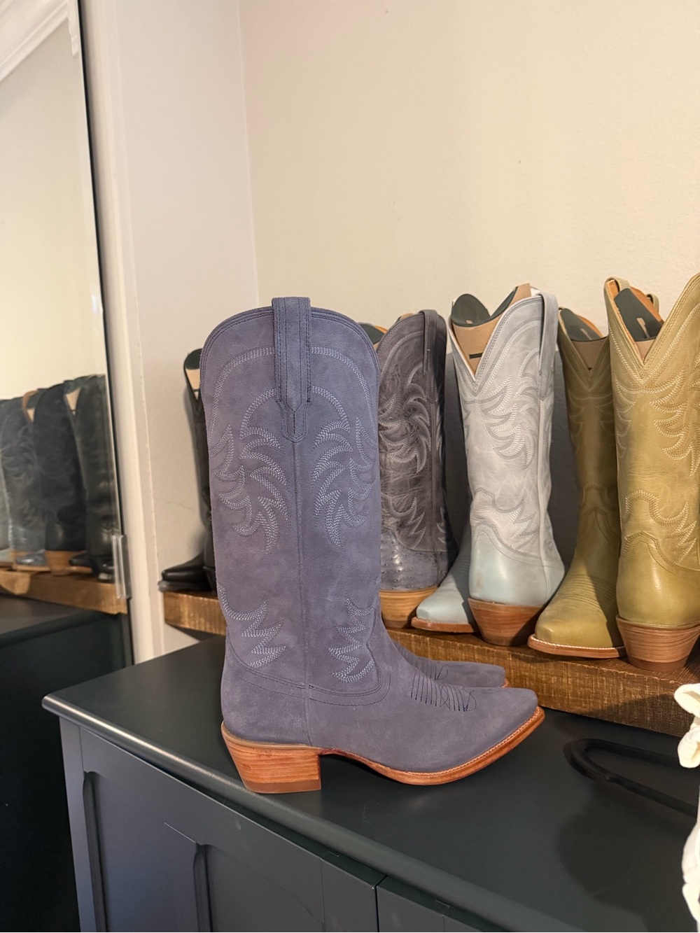 Tecovas Navy Blue Suede Annie Cowboy Boots